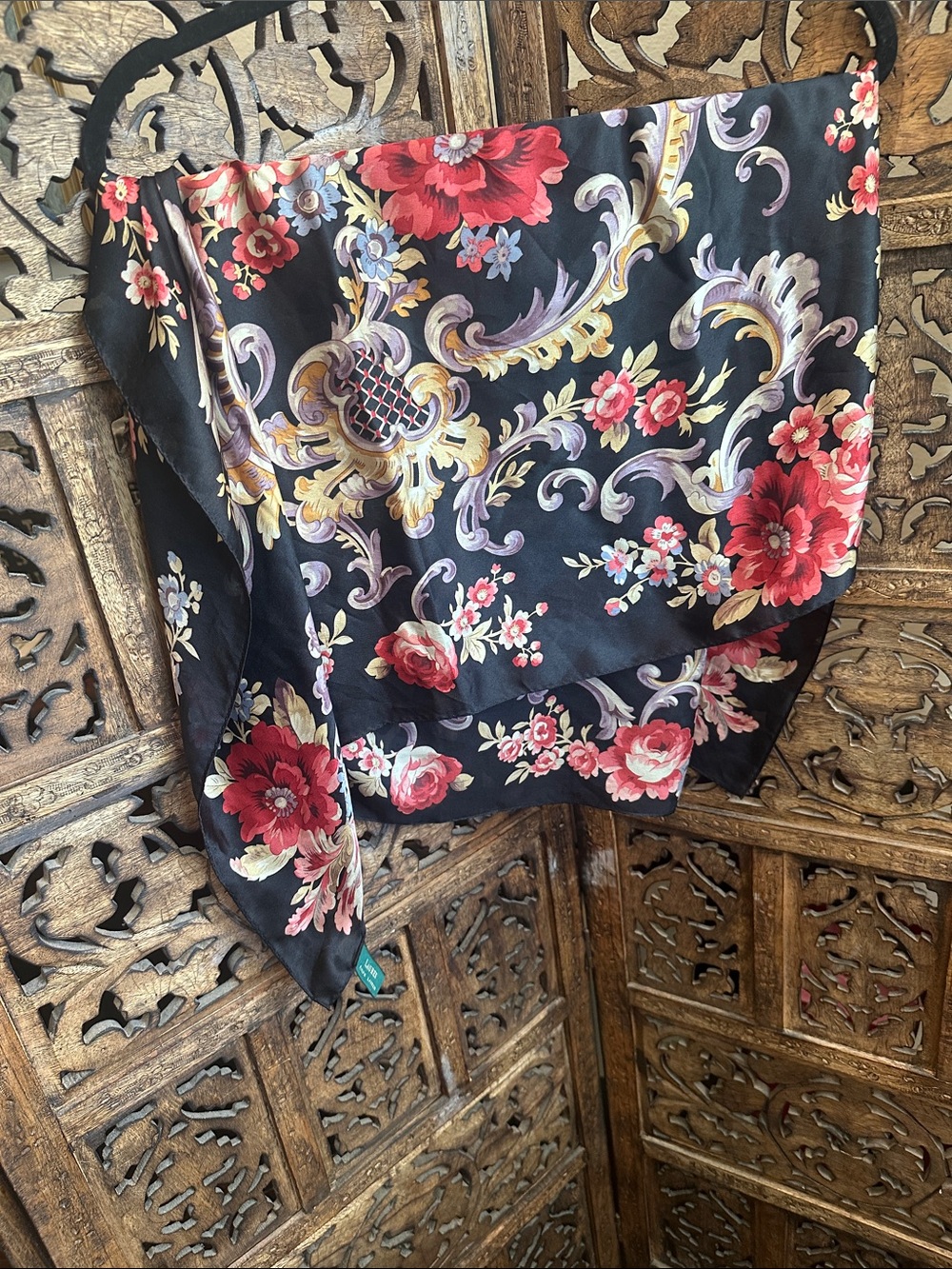Ralph Lauren Black Silk Scarf with Red and Cream Floral Print